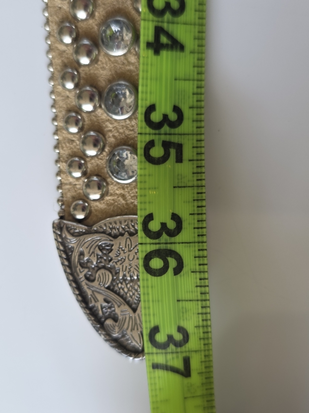 Vintage Western Studded Leather Belt Rhinestone Silver Buckle Boho Y2K S/M - Picture 5 of 11